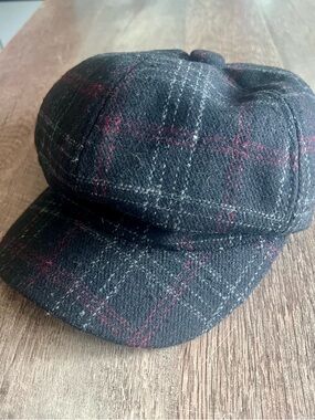 Plaid Newsboy Cap in Black with Red and Gray Windowpane